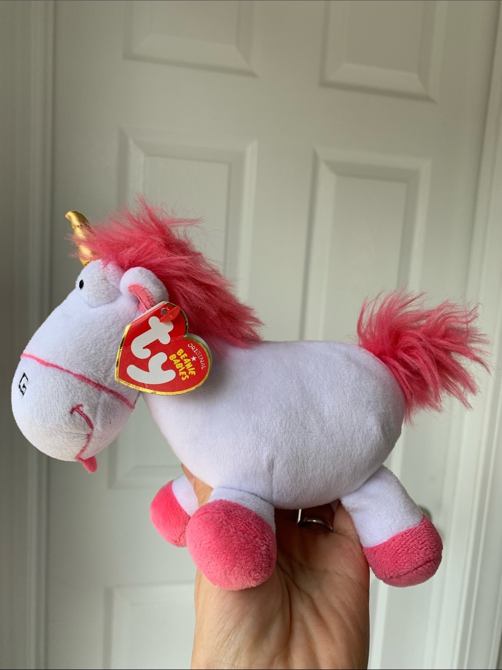 Ty White and Pink Unicorn Plush with Gold Horn Fluffy, Original Beanie Babies.